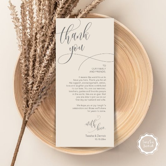 Dinner Place setting Bedankt, Modern Script Kaart