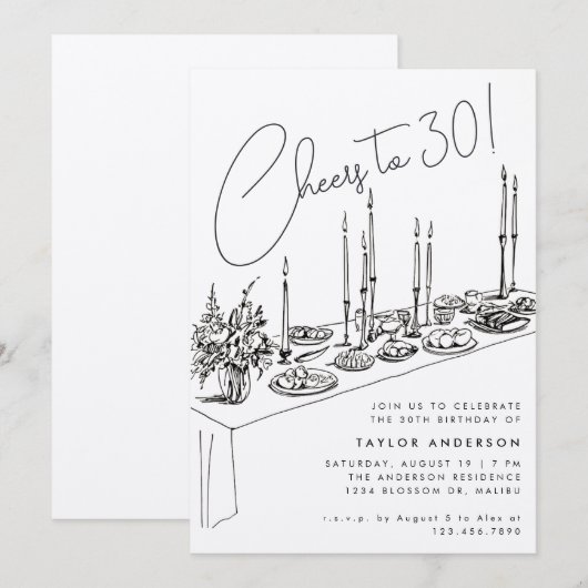 Dinner Table Cheers Tekening 30ste Verjaardagsfees Kaart (Voorkant / Achterkant)