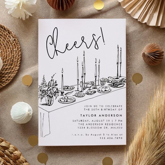 Dinner Table Cheers Tekening 30ste Verjaardagsfees Kaart