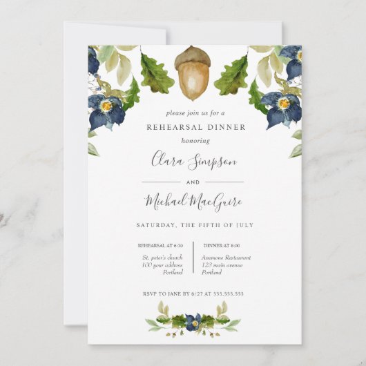 Dinner voor Bright Oak blue flower bruiloft Kaart (Voorkant)