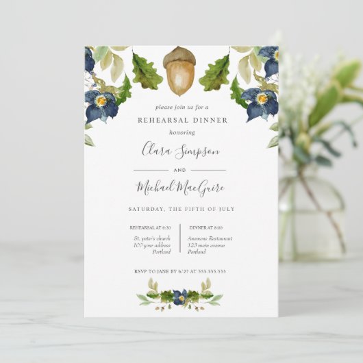 Dinner voor Bright Oak blue flower bruiloft Kaart (Staand voorkant)