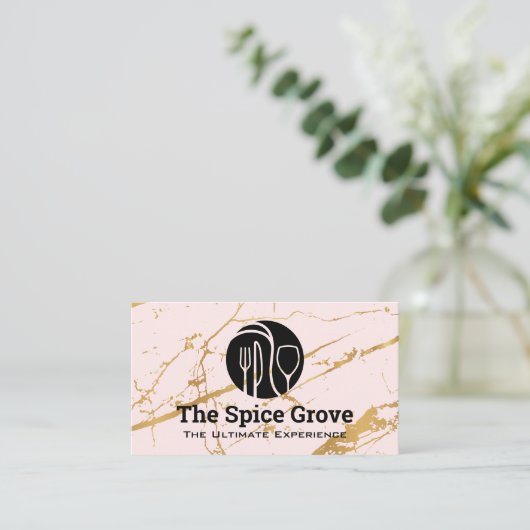 Dinnerware Logo | Goudroze marmer | restaurant Visitekaartje (Staand voorkant)