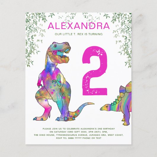 Dino 2e verjaardagsfeest uitnodiging budget roze flyer (Voorkant)