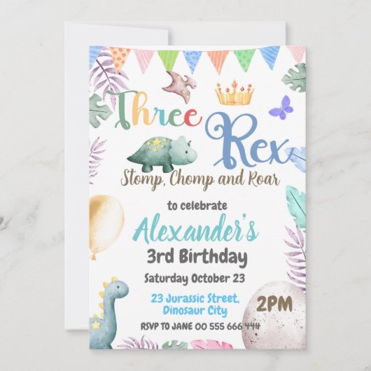 Dino 3e verjaardag drie T-Rex jongen uitnodiging (Voorkant)