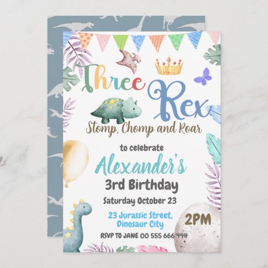 Dino 3e verjaardag drie T-Rex jongen uitnodiging (Voorkant / Achterkant)
