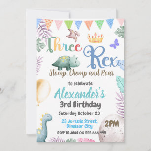 Dino 3e verjaardag drie T-Rex jongen uitnodiging