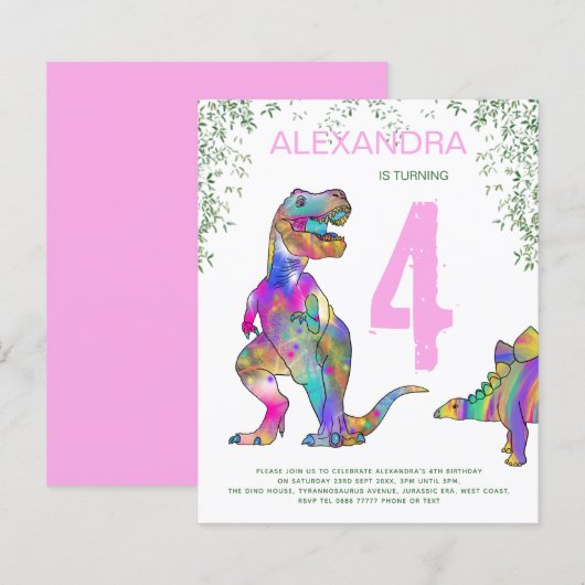 Dino 4de verjaardagsfeest Budget roze (Voorkant / Achterkant)