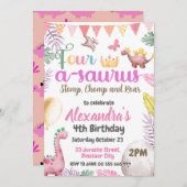 Dino 4e verjaardag Four-A-Saurus Feestje Kaart (Voorkant / Achterkant)