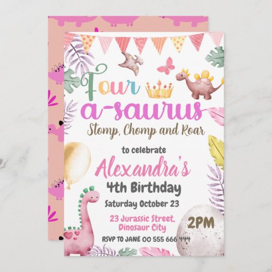 Dino 4e verjaardag Four-A-Saurus Feestje Kaart (Voorkant / Achterkant)