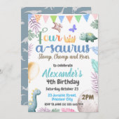 Dino 4e verjaardag Four-A-Saurus Feestje Kaart (Voorkant / Achterkant)