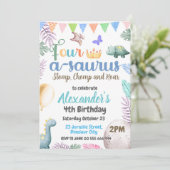 Dino 4e verjaardag Vier-a-saurus Feestje Kaart (Staand voorkant)