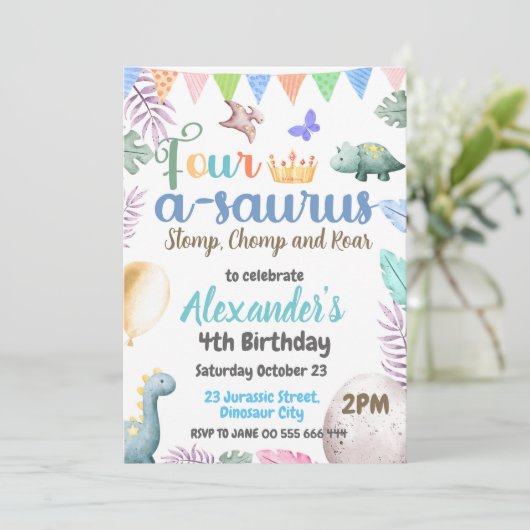 Dino 4e verjaardag Vier-a-saurus Feestje Kaart (Staand voorkant)