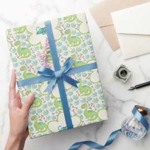 Dino 4e Verjaardagsfeestje ,Groene Dino-Tastisch Cadeaupapier