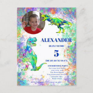 Dino 5e Verjaardag Kleurrijke T Rex Foto Uitnodigi Uitnodiging Briefkaart