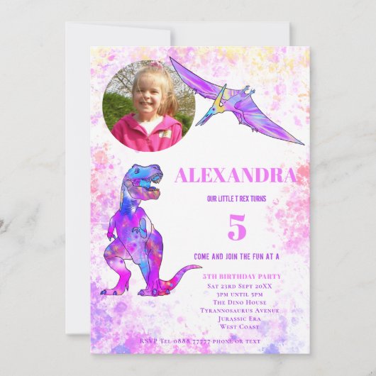 Dino 5e Verjaardag T Rex Foto Roze Kaart (Voorkant)