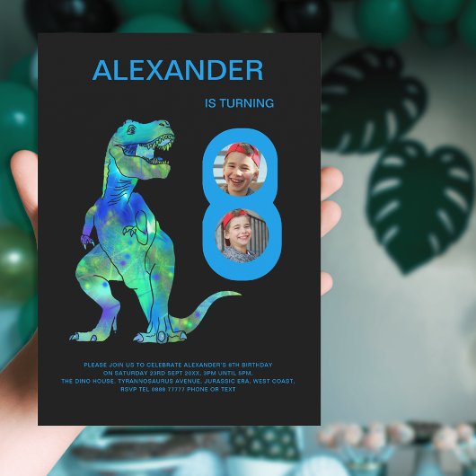 Dino 8e verjaardagsfeestje aangepaste foto kaart