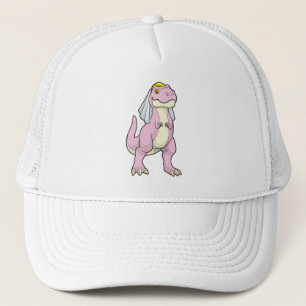 Dino als bruid op trouwfeest met sluier trucker pet