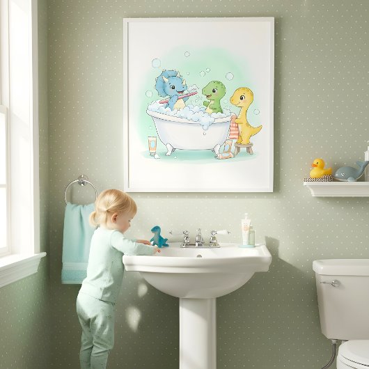 Dino Bath Squad Kids Bathroom Wall Art Poster