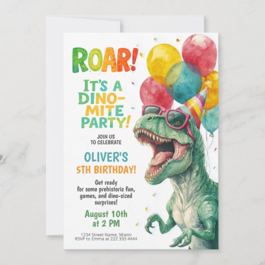 Dino Birthday Party with Balloons Kaart (Voorkant)