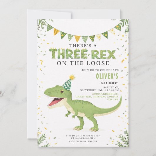 Dino Birthday Three-Rex Boy Invitation Kaart (Voorkant)