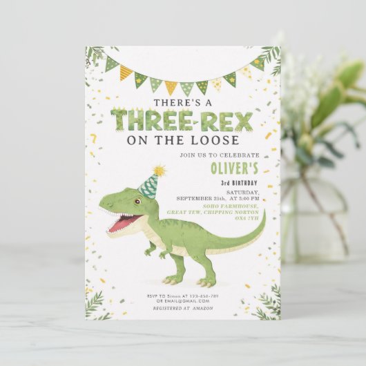 Dino Birthday Three-Rex Boy Invitation Kaart (Staand voorkant)