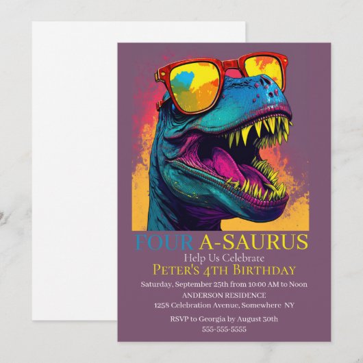 Dino Blue Party 4th Dinosaur Birthday Uitnodiging (Voorkant / Achterkant)