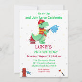 Dino Brandweerman Kinder 2e Verjaardagsfeestje Kaart (Voorkant)