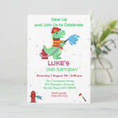 Dino Brandweerman Kinder 2e Verjaardagsfeestje Kaart (Staand voorkant)