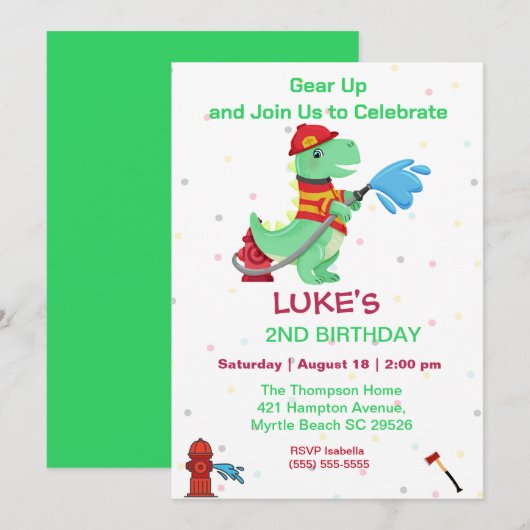 Dino Brandweerman Kinder 2e Verjaardagsfeestje Kaart (Voorkant / Achterkant)