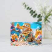 Dino Building Sandcastle aan het strand Feestdagenkaart (Staand voorkant)