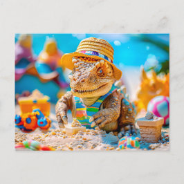 Dino Building Sandcastle aan het strand Feestdagenkaart