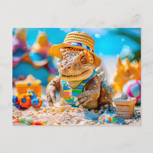 Dino Building Sandcastle aan het strand Feestdagenkaart (Voorkant)