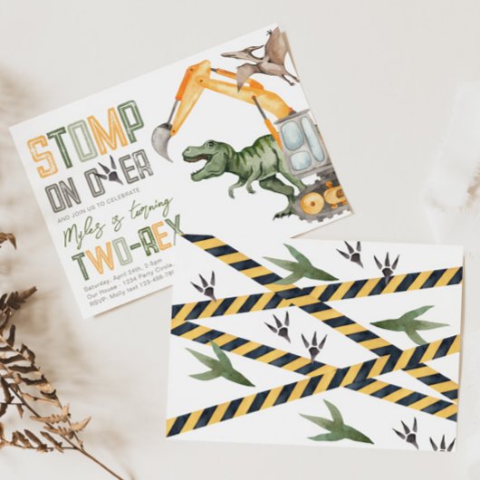 Dino Construction 2de verjaardagsuitnodiging Kaart