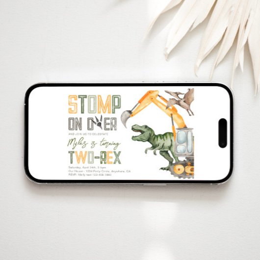 Dino Construction 2de verjaardagsuitnodiging Kaart