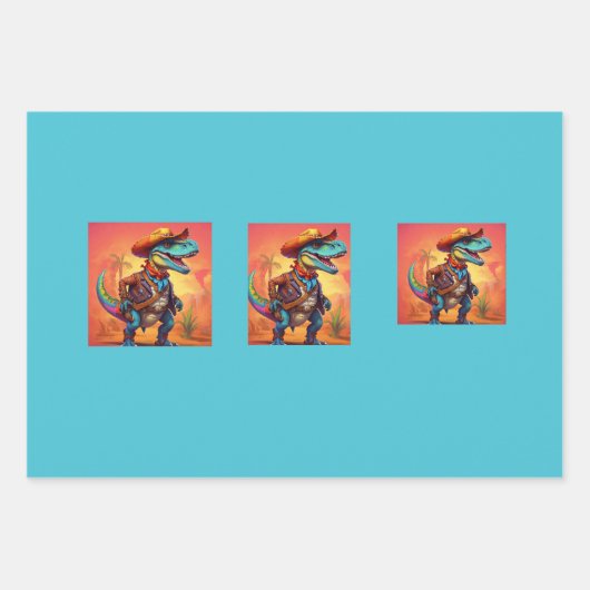 Dino Cowboy Wrapping Paper Flat Sheet Set van 3 (Voorkant 2)