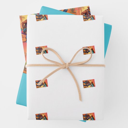 Dino Cowboy Wrapping Paper Flat Sheet Set van 3 (In situ)