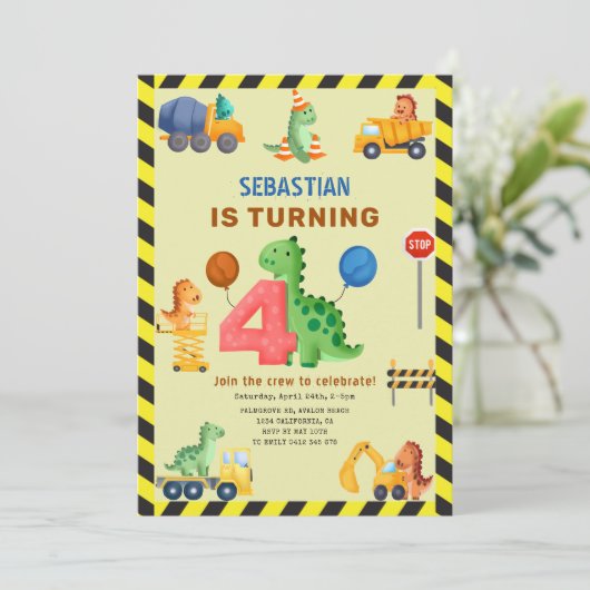 Dino Crew Constructie 4e Verjaardag Dinosaurus Kaart (Staand voorkant)