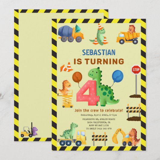 Dino Crew Constructie 4e Verjaardag Dinosaurus Kaart (Voorkant / Achterkant)