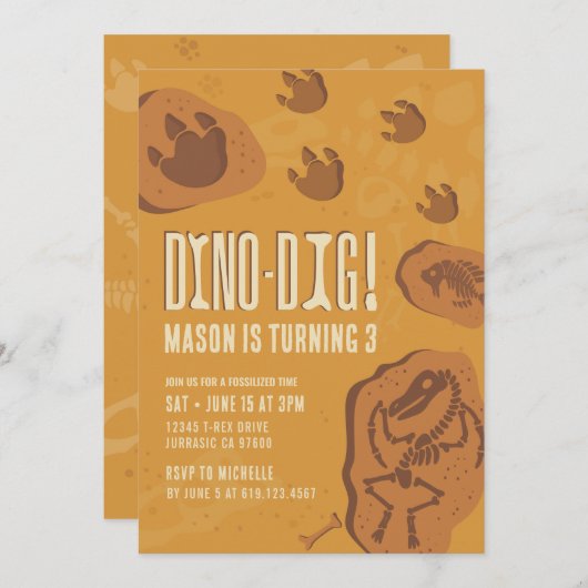 Dino-Dig · Dinosaurus Dig Verjaardagsfeestuitnodig Kaart (Voorkant / Achterkant)