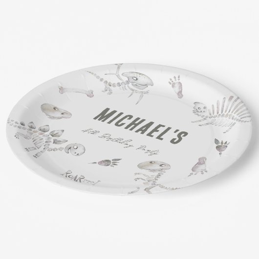 Dino Dig Round Birthday Papieren Bordje (Gekanteld)