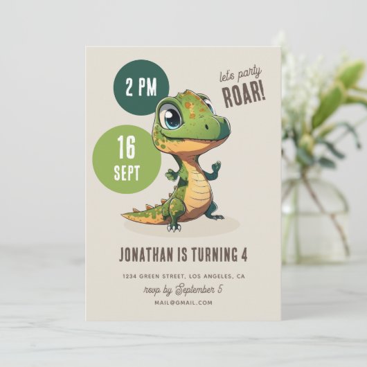 Dino dinomite party. Cute dinosaur kinderen jarig Kaart (Staand voorkant)