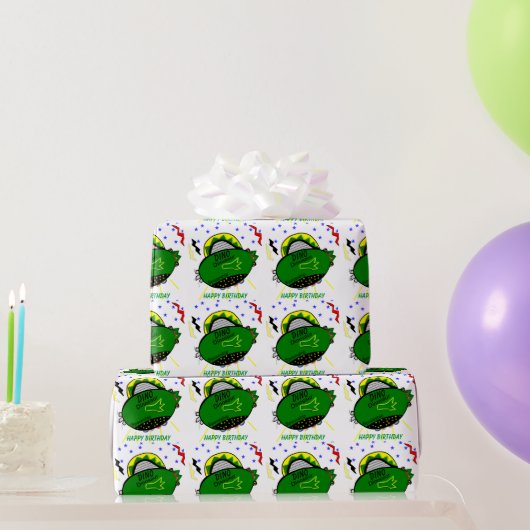 Dino Dinosaur Green Spaceship Stars Birthday Cadeaupapier (Feestgeschenken)