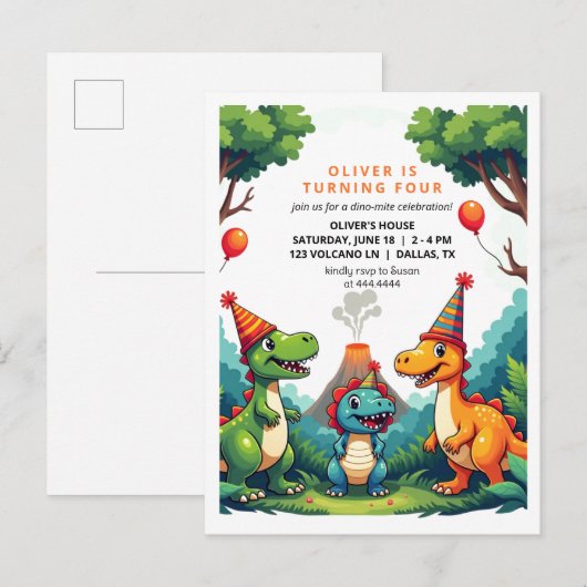 Dino Dinosaur Verjaardagsfeest Uitnodiging Post Ka (Voorkant / Achterkant)