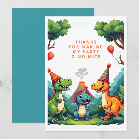 Dino Dinosaur Verjaardagsfeestje Platte Dankkaart Bedankkaart (Voorkant / Achterkant)