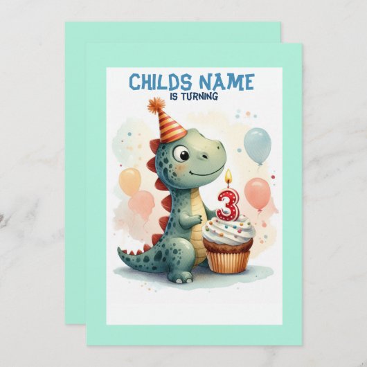 Dino draaien 3 verjaardag kaart (Voorkant / Achterkant)