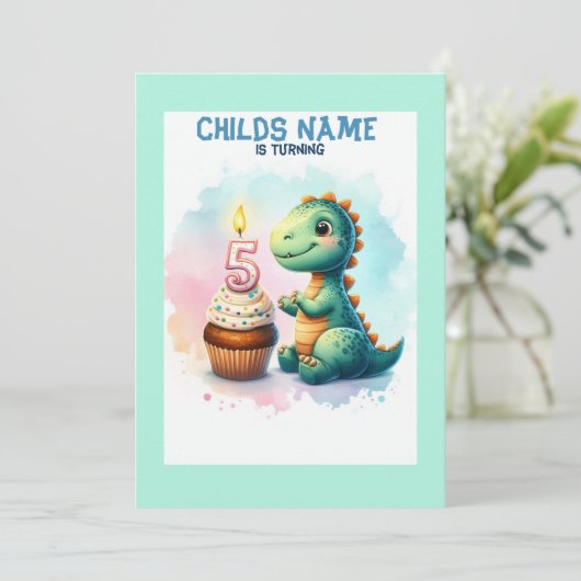 Dino draaien 5 verjaardag kaart (Staand voorkant)