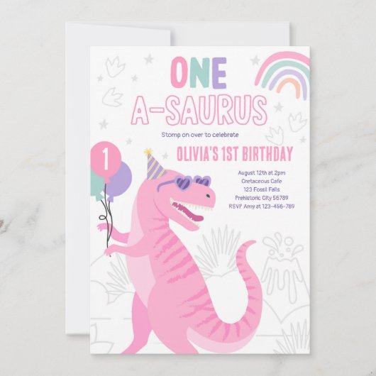 Dino Een A-Saurus 1e Verjaardagsfeest T-Rex Kaart (Voorkant)