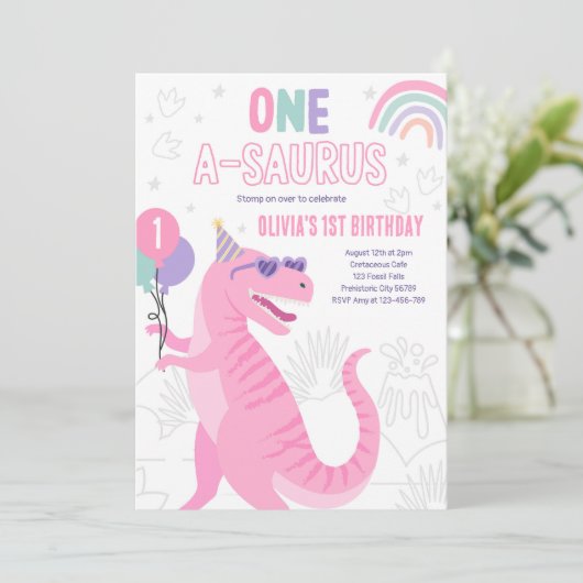 Dino Een A-Saurus 1e Verjaardagsfeest T-Rex Kaart (Staand voorkant)