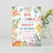 Dino Eén-A-Saurus 1e verjaardagsfeestje Kaart (Staand voorkant)