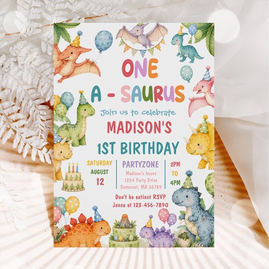 Dino Eén-A-Saurus 1e verjaardagsfeestje Kaart